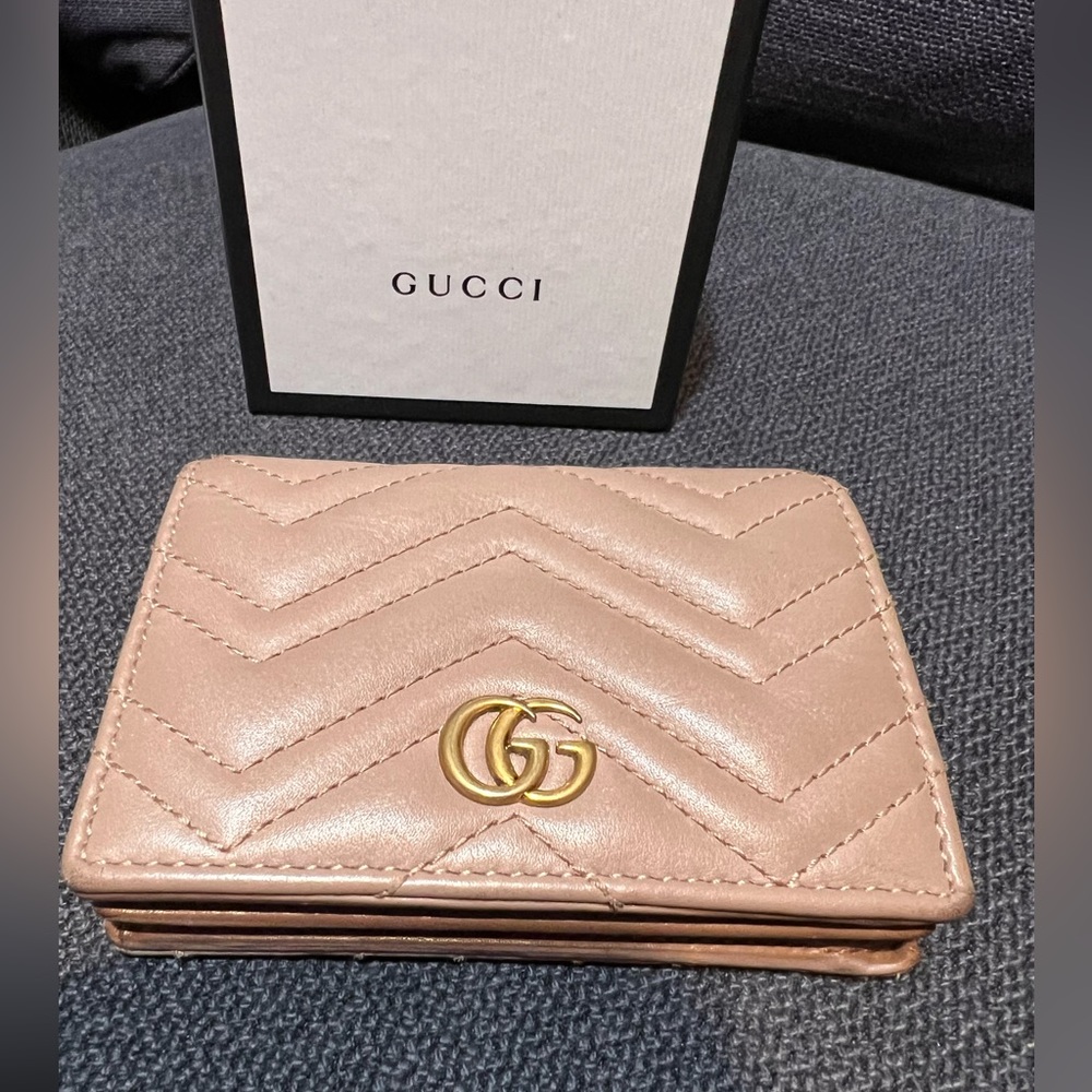 Gucci GG Marmont Card Case Wallet - dusty pink leather